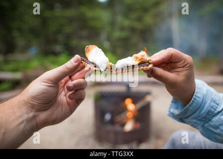 Paar Toasten mit ihren s'mores über dem Lagerfeuer. Stockfoto
