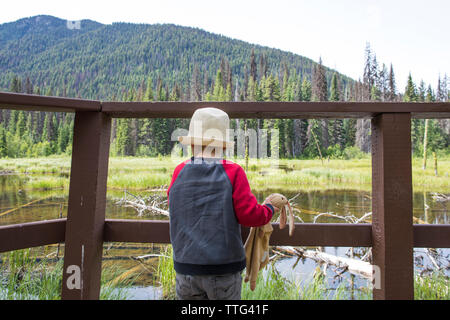 Jungen auf der Suche nach natürlichen Feuchtgebieten durch ein Holzgeländer. Stockfoto