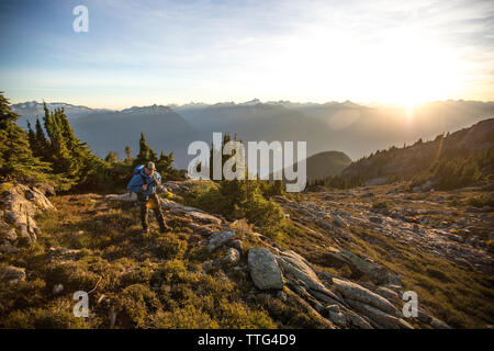 Backpacker wandern durch alpine Wiese während des Sonnenuntergangs. Stockfoto