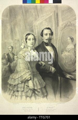 Weltausstellung in Paris 1855, Königin Victoria von England und Kaiser Napoleon III. von Frankreich, kommen am 20.8.1855 die Kunst Ausstellung im Palais des Beaux-Arts sehen. Linke ihren Mann Albert, Prinz von Sachsen-Coburg-Gotha mit dem sowohl Kinder als Prinzessin Victoria und Albert Edward, Prinz von Wales (Nachfolger Eduard VII., König von England), auf der rechten Seite an der Wand ein Bild von Eugenie, Kaiserin von Frankreich (Gemälde von Franz Xaver Winterhalter), Lithographie von Emile Lassalle basierend auf einem Gemälde von Dominique Hippolyte Holfeld, Additional-Rights - Clearance-Info - Not-Available Stockfoto