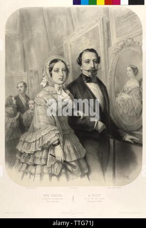 Weltausstellung in Paris 1855, Königin Victoria von England und Kaiser Napoleon III. von Frankreich, der Besuch am 20.8.1855 die Kunst Ausstellung im Palais des Beaux-Arts. Linke ihren Mann Albert, Prinz von Sachsen-Coburg-Gotha mit dem sowohl Kinder als Prinzessin Victoria und Albert Edward, Prinz von Wales (Nachfolger Eduard VII., König von England), auf der rechten Seite an der Wand ein Bild von Eugenie, Kaiserin von Frankreich (Gemälde von Franz Xaver Winterhalter), Lithographie von Emile Lassalle basierend auf einem Gemälde von Dominique Hippolyte Holfeld, Additional-Rights - Clearance-Info - Not-Available Stockfoto