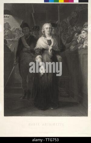 Marie Antoinette, Erzherzogin von Österreich, Marie Antoinette vor dem Revolutionstribunal. Kupferstich/Radierung von Alphonse François basierend auf einem Gemälde von Paul Dearoche, Additional-Rights - Clearance-Info - Not-Available Stockfoto