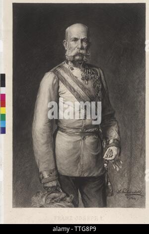 Franz Joseph I in voller Uniform eines Feldmarschalls, der Gala Hut in der rechtsgerichteten, fast die Hälfte - Länge stehen, halb rechts, Radierung von Wilhelm Hecht auf der Basis von original Gemälde von Casimir Pochwalski, Additional-Rights - Clearance-Info - Not-Available Stockfoto