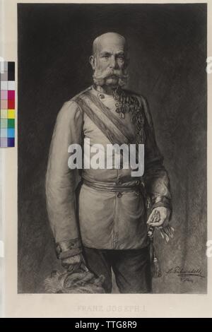 Franz Joseph I in voller Uniform eines Feldmarschalls, der Gala Hut in der rechtsgerichteten, fast die Hälfte - Länge stehen, halb rechts, Radierung von Wilhelm Hecht auf der Basis von original Gemälde von Casimir Pochwalski, Additional-Rights - Clearance-Info - Not-Available Stockfoto