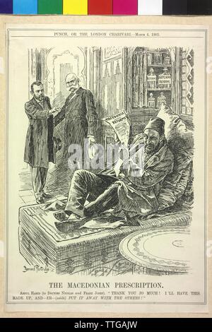 Karikatur von Franz Joseph I., Kaiser von Österreich und Nikolaus II., Zar von Russland, Franz Joseph I. und Nikolaus II. in die Spule wie Arzt, Abdul Hamid II beziehen sich auf die Unwirksamkeit der Rezeptur (Reformation), politische Karikatur, Zeitungsausschnitt aus 'Lochen', Reproduktion der Zeichnung von Bernard Partridge. 1903 Additional-Rights - Clearance-Info - Not-Available Stockfoto