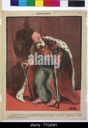 Karikatur von Franz Joseph I., Kaiser von Österreich, Franz Joseph I. mit krücke und Zuckerrohr. Französische Beschriftung. Zeitungsausschnitt, Additional-Rights - Clearance-Info - Not-Available Stockfoto