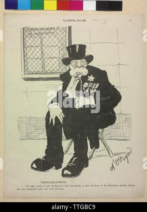 Karikatur von Franz Joseph I., Kaiser von Österreich, Franz Joseph im schwarzen Rock mit Medaille und Tophat auf einem Klappstuhl sitzend, Beschriftung in französischer Sprache, Additional-Rights - Clearance-Info - Not-Available Stockfoto