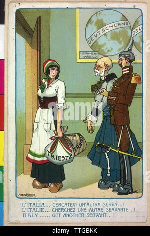 Karikatur von Franz Joseph I., Kaiser von Österreich und Kaiser Wilhelm II., eine italienische Mädchen, eine Allegorie von Triest und Trentino, Abkehr von Wilhelm II. und Franz Joseph I (im Schriftsatz Geste). Postkarte mit flüchtling Propaganda in den Ocassion der territoriale Ansprüche auf der italienischen Trentino zu Beginn des Ersten Weltkriegs, Additional-Rights - Clearance-Info - Not-Available Stockfoto