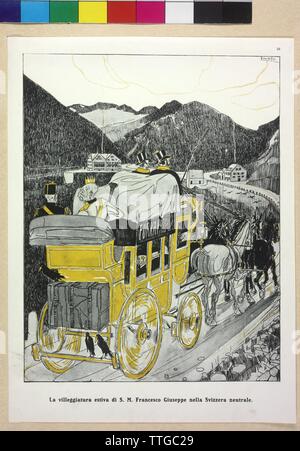 Karikatur von Franz Joseph I., Kaiser von Österreich, Franz Joseph I. auf dem hohen Sitz einer Postkutsche mit der Inschrift "Furka-Pass' auf dem Weg in die (neutrale) Schweiz sitzen, Additional-Rights - Clearance-Info - Not-Available Stockfoto