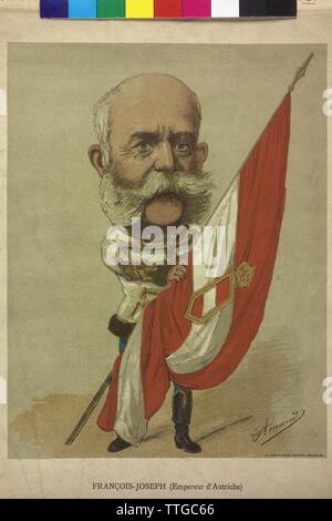 Karikatur von Franz Joseph I., Kaiser von Österreich, Franz Joseph in Uniform mit der Fahne in der Hand. Titel: 'Amand', Additional-Rights - Clearance-Info - Not-Available Stockfoto