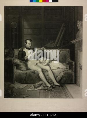 Ich Napoleon Bonaparte, Kaiser der Franzosen, Napoleon ich lesen, auf seinem Schoß seinen Sohn schläft. schabkunst durch Anexandre Vincent Sixdeniers basierend auf einem Gemälde von Karl von Steuben, Additional-Rights - Clearance-Info - Not-Available Stockfoto