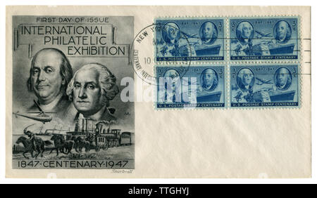 New York, USA - 17. Mai 1947: Uns historische Umschlag: Abdeckung mit Gütesiegel Internationale Briefmarkenausstellung, Centenary 1847-1947 Briefmarken, FDC Stockfoto