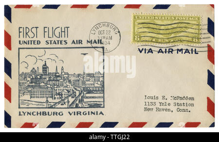 Lynchburg, Virginia, USA - 22. Oktober 1934: Uns historische Umschlag: Abdeckung mit Gütesiegel erster Flug, Air Mail, Stadtblick, acht Cent Briefmarke Stockfoto