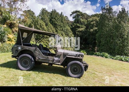 Ein WWII ära Willys Jeep auf dem Rasen im Trebah Garten in Cornwall geparkt. Stockfoto