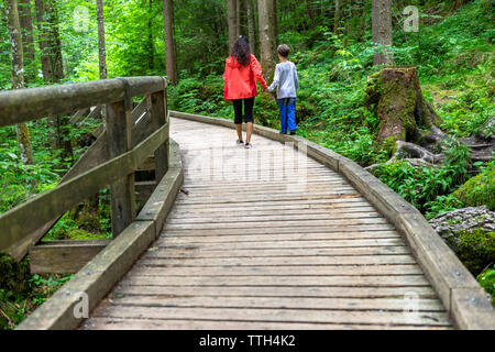 Mutter und Sohn entlang eine Spur in der Moody alpinen Waldes Stockfoto