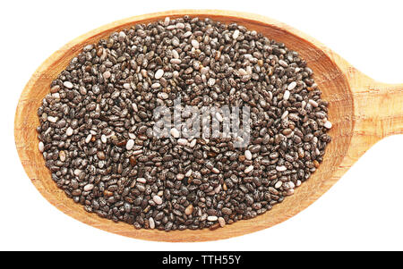 Chia Samen in einem Kochlöffel auf weißem Hintergrund Stockfoto