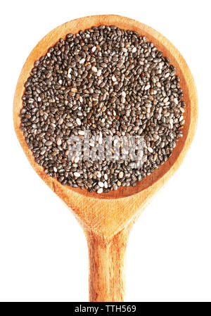 Chia Samen in einem Kochlöffel auf weißem Hintergrund Stockfoto