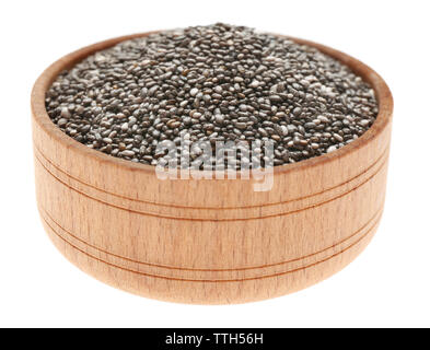 Chia Samen in eine hölzerne Schüssel auf weißem Hintergrund Stockfoto