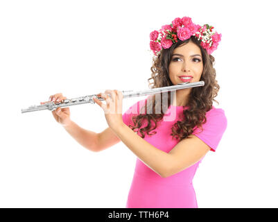 Schöne junge Frau mit Flöte isoliert auf weißem Stockfoto