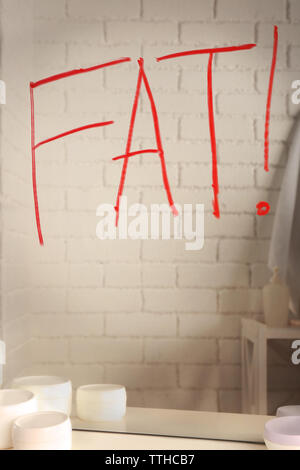 Wort fett am Spiegel im Bad geschrieben Stockfoto