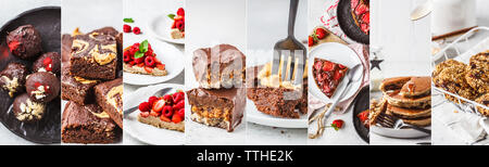 Collage aus abwechslungsreiche Gesunde vegane Desserts: Süßigkeiten, Kuchen, Torte, Brownies, Pfannkuchen, Gebäck, Kuchen und Raw Food Bar. Stockfoto