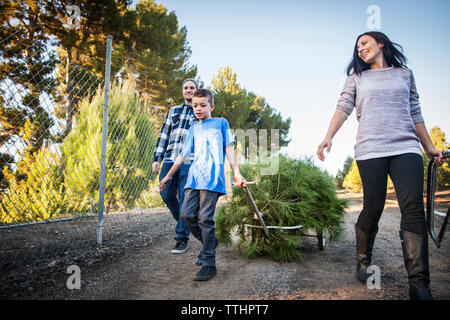 Junge ziehen Warenkorb beim Gehen mit ihren Eltern auf der Straße Stockfoto