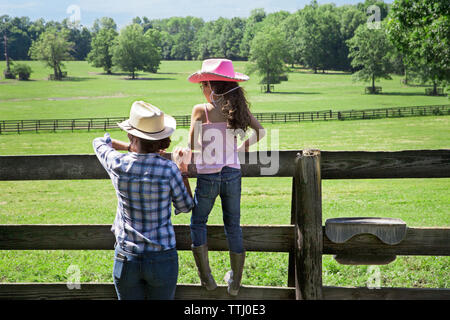 Hintere Ansicht von Mutter und Tochter stehen an der Ranch Stockfoto