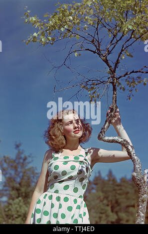 Eine junge Frau in einem Gestrichelten patterened Kleid steht in der Sonne. Schweden 1950 s ref CV 21-5 Stockfoto