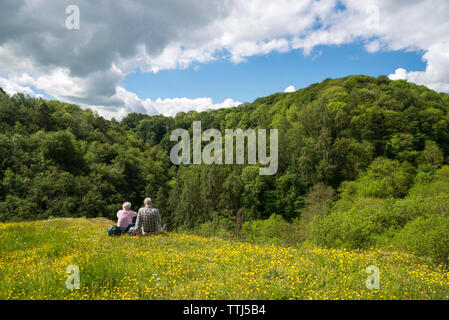 Schönen Sommertag in Chee Dale in der Nähe von Buxton in der Nationalpark Peak District, Derbyshire, England. Zwei reife Männer die Aussicht bewundern. Stockfoto