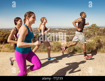 Freunde, die auf Feld gegen Sky Stockfoto
