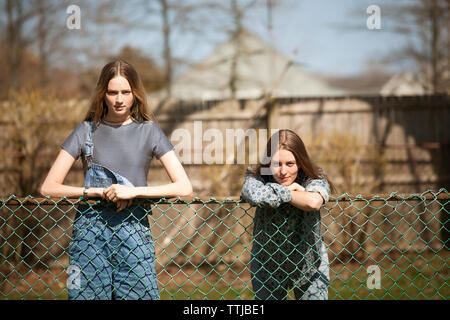 Portrait von Freunden lehnte sich auf chainlink fence in Park Stockfoto