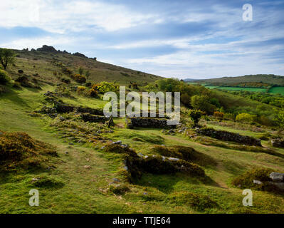 Anzeigen NW über C 13 Dartmoor Langhäuser der Granitfelsen an Hound Tor Verlassenen mittelalterlichen Dorf, Devon, Großbritannien gebaut. Eine Siedlung von vier Bauernhöfen. Stockfoto