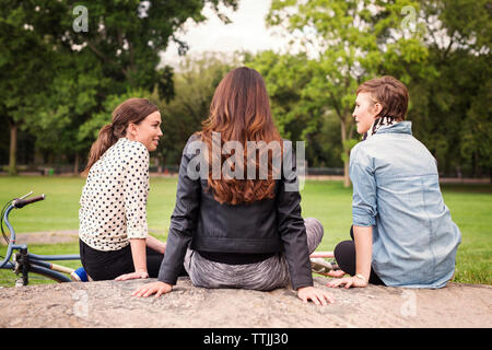 Freunde sitzen auf Rock im Central Park Stockfoto