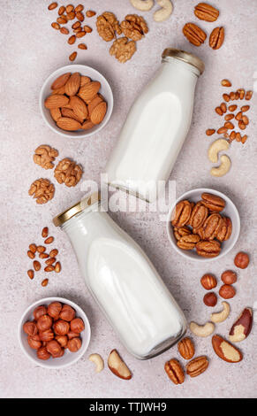 Vegane Milch aus Nüssen, verschiedene Arten von Muttern auf einem hellen Hintergrund. Blick von oben. Stockfoto