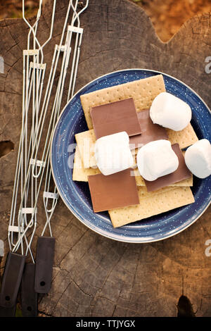 Ansicht von oben von Zutaten für smores durch Gabeln auf Baumstumpf Stockfoto