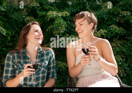 Gerne Freunde Wein genießen, während er auf den Vorsitz im Hof Stockfoto