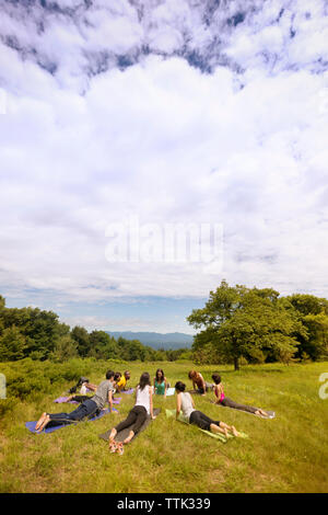 Hohe Betrachtungswinkel von Freunden Ausübung auf Feld gegen bewölkter Himmel Stockfoto