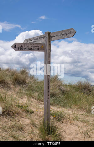 Fußweg Zeichen von Studland, Pool und Old Harry Rocks, Dorset, England, Großbritannien Stockfoto