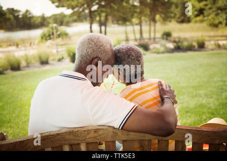 Ansicht der Rückseite des romantischen senior Paar sitzen auf einer Parkbank Stockfoto
