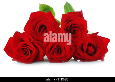Fünf rote Rosen auf weißem Hintergrund Stockfoto