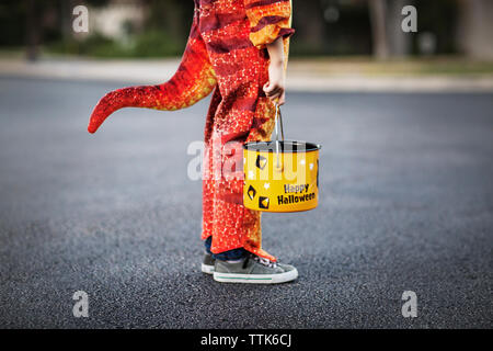 Niedrige Abschnitt der Boy in Dragon Kostüm holding Schaufel gekleidet auf der Straße Stockfoto