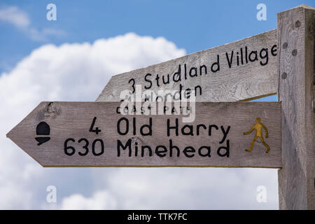 Fußweg Zeichen von Studland, Pool und Old Harry Rocks, Dorset, England, Großbritannien Stockfoto