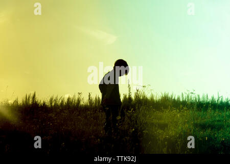 Junge stehend auf Feld gegen Himmel bei Sonnenuntergang Stockfoto
