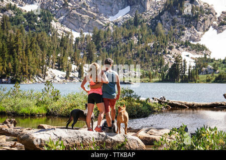 Ansicht der Rückseite des Ehepaar mit Hund suchen am See gegen Berg beim Stehen auf Felsen im Wald während der sonnigen Tag Stockfoto