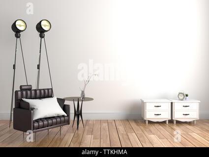 Schwarzes Sofa und Tisch Glas - leere Zimmer Einrichtung in minimalistischem Stil. 3D-Rendering Stockfoto