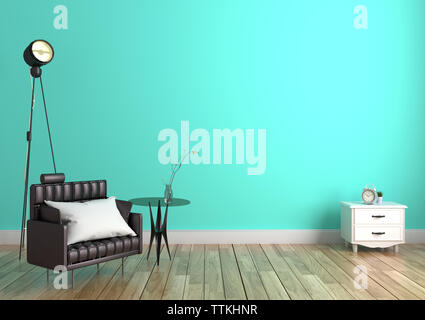 Leere grüne Minze Wand- und Holzboden - moderne Zimmer mit Kissen auf dem Sofa und Lampe Tisch und Schrank. 3D-Rendering Stockfoto