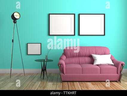 Grüne Minze Wand mit Sofa & Sideboard auf Holz, Interieur. 3D-Rendering Stockfoto