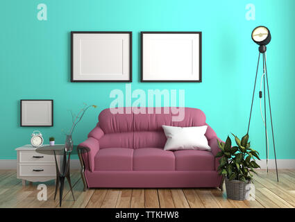 Grüne Minze Wand mit Sofa & Sideboard auf Holz, Interieur. 3D-Rendering Stockfoto
