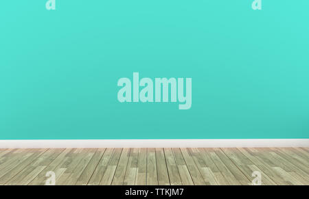 Mint Wand Hintergrund und Holzboden auf leeren Raum. 3D-Rendering Stockfoto