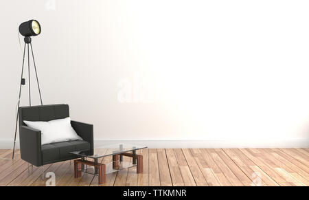 Rahmen und Sofa und Lampe im Holzboden auf leere weiße Wand im Hintergrund. 3D-Rendering Stockfoto